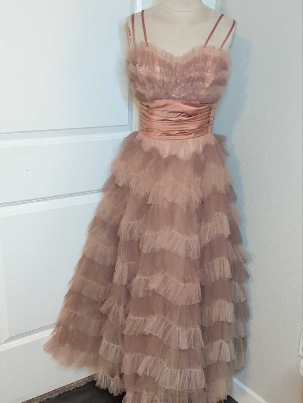 Vintage 1950s Cupcake Dress Pink Blush Tulle Layered Lace SZ S